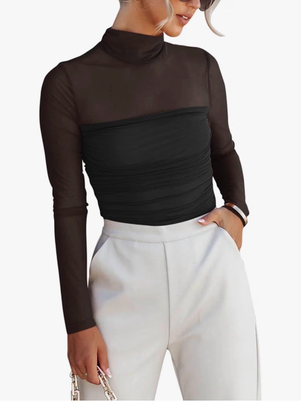 ReoRia Black Sheer Mock Neck Long Sleeve Top